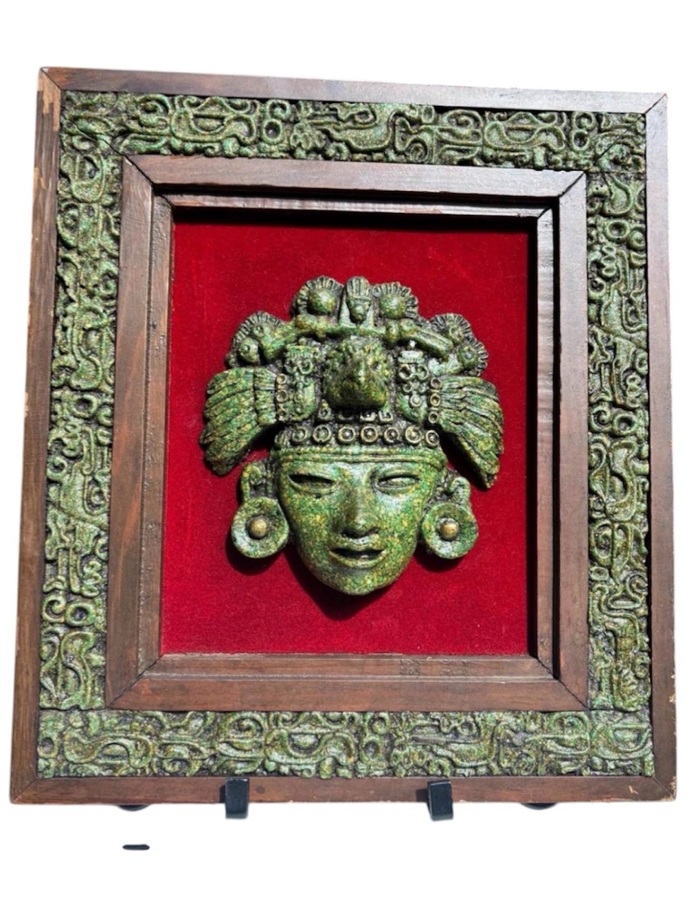 MEXICANA Green Patina Aztec Mask Wall Art with Red Velvet Backing